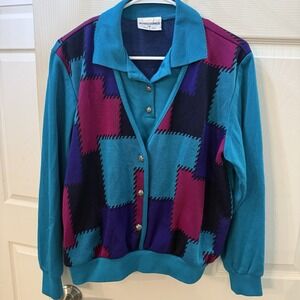 Vintage Alfred Dunner Sweater Color Block 1980s Look Teal‎ Purple Pink M